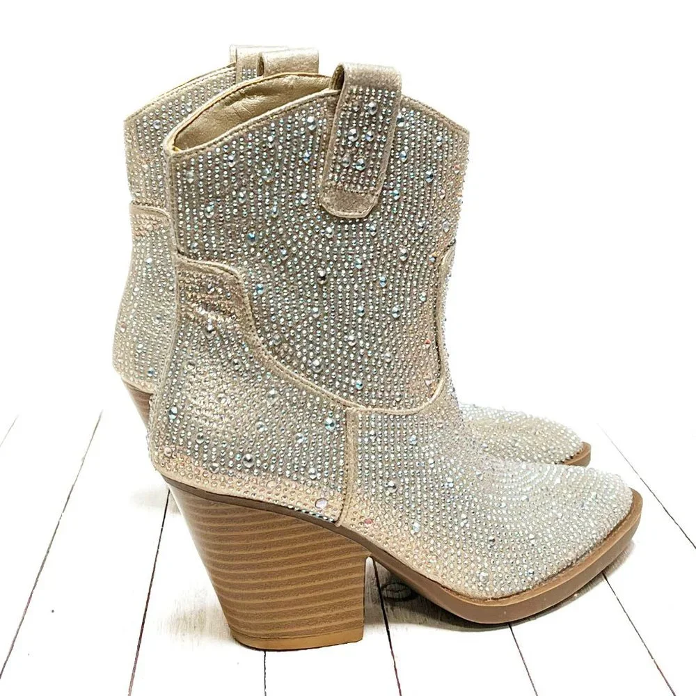 New Women Champagne Gold Blingy Rhinestone Cowboy Western Ankle Boots Booties - Picture 6 of 6
